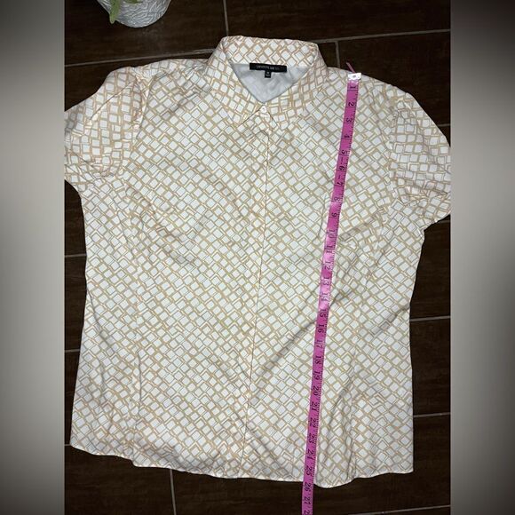 Layfayette 148 white/khaki square printed button up sz 10 - Picture 7 of 8